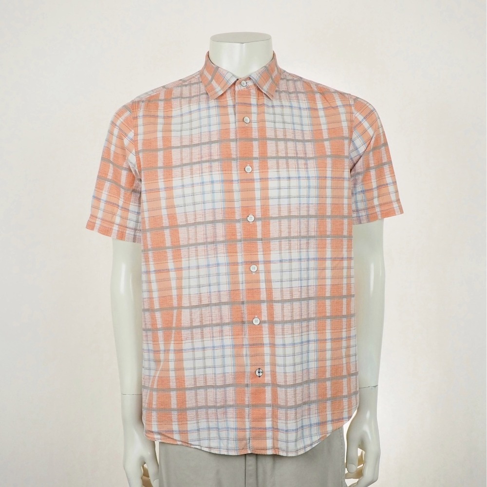 Tommy Bahama Relax Button Down Shirt Medium Orange Plaid Woven Travel Camp